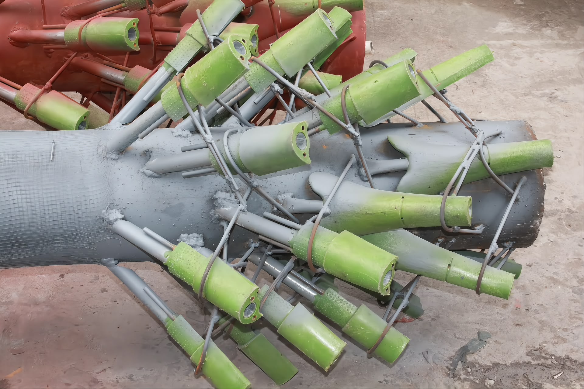 Fibreglass branch sockets welded to the core