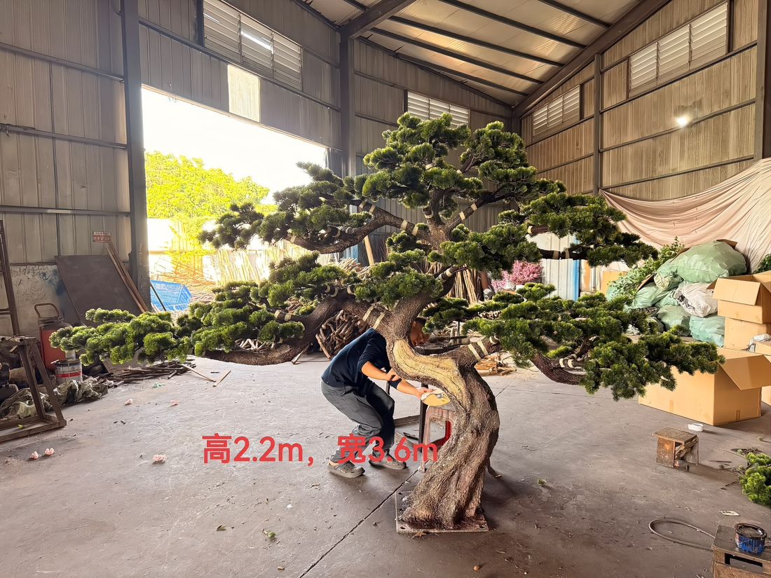 造型松高 2.2 米 × 宽 3.6 米，班组在现场做最后的枝叶定型